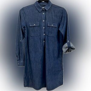 Ann Taylor LOFT Dark Wash Denim Jean Shirt Dress 3/4 Button pointed collar Midi